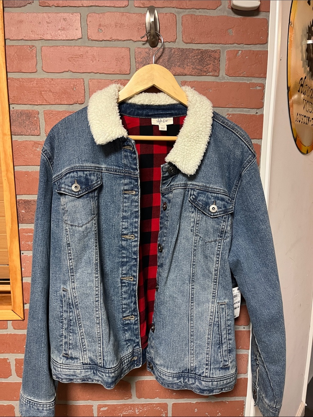 Style & Co. Blue Denim Jacket with Red and Black Plaid Lining